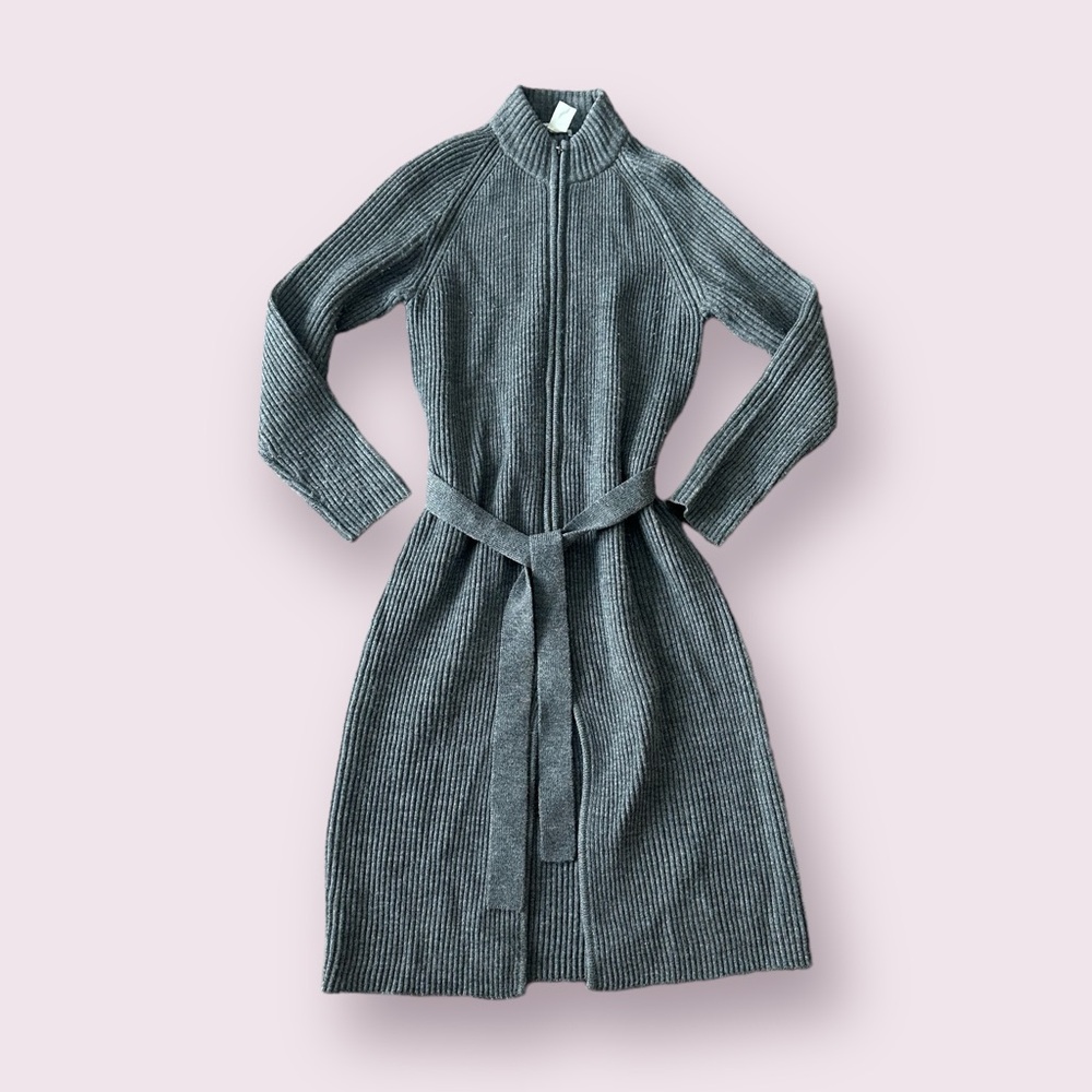 Women’s J. Crew Grey Wool Zip Front Long Sweater With Belt Size Medium